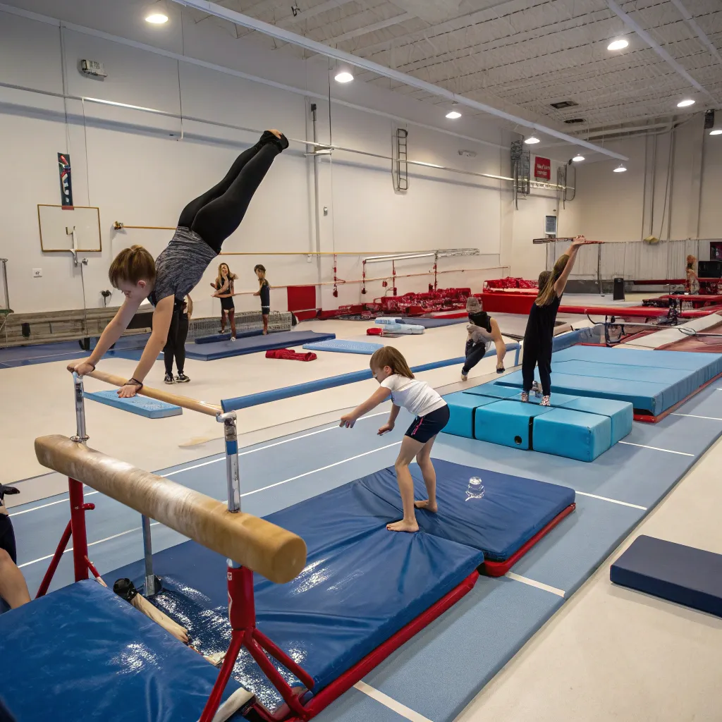 Students practicing gymnastics in a well-equipped gymnasium