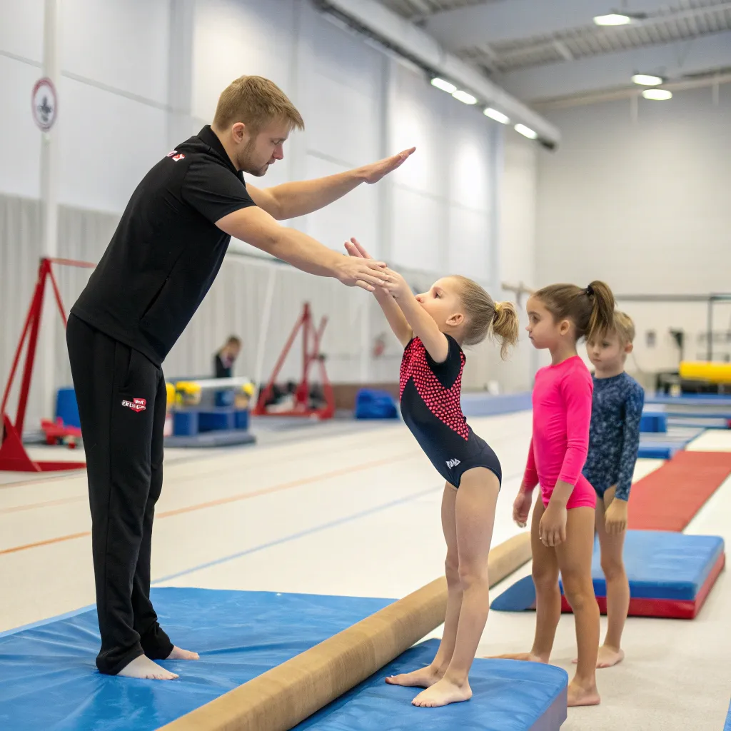 Coach guiding young gymnasts at KALVORITH School